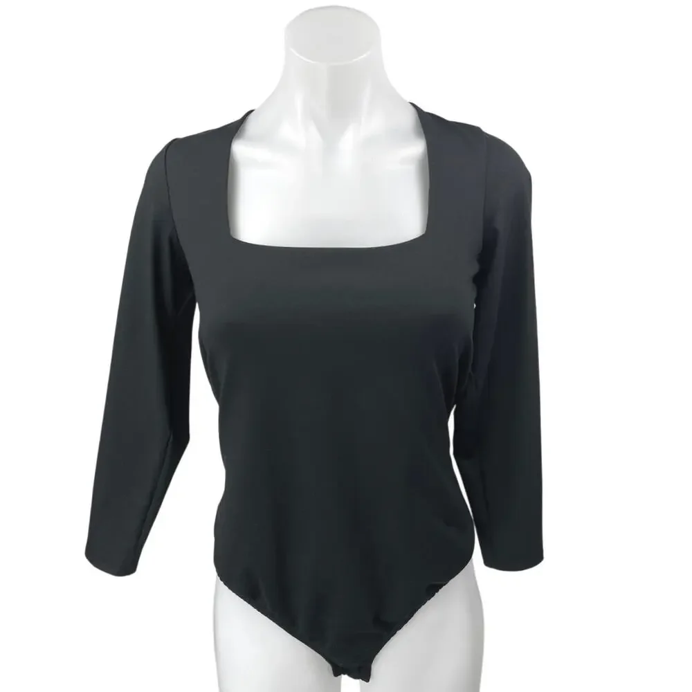 Free People Black Long Sleeve Square Neck Thong One Piece Bodysuit Top Size L